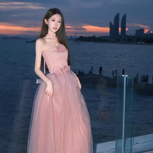 气质长裙 粉色甜美抹胸裙生日晚宴晚礼服轻奢小众收腰连衣裙女夏季