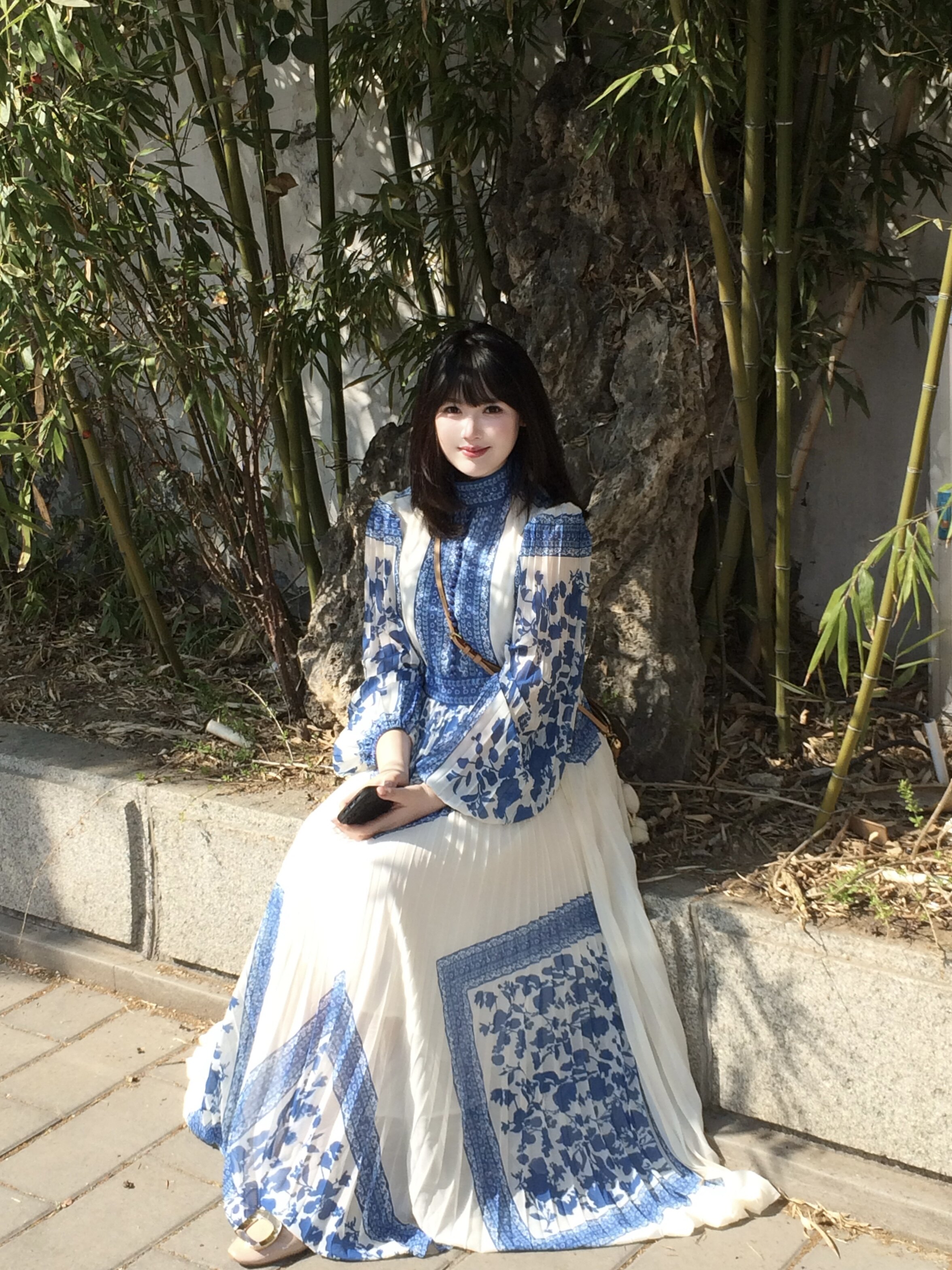 大方得体绝美蓝色百褶印花连衣裙2026新款早春出席重要场合的裙子