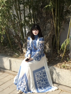 大方得体绝美蓝色百褶印花连衣裙2026新款早春出席重要场合的裙子