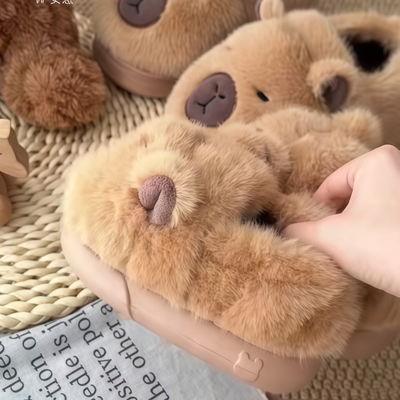 卡皮巴拉棉拖鞋男童包跟毛绒2025冬季新款女孩可爱毛毛保暖棉鞋