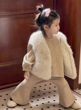 女童中长款毛衣裙秋冬款时髦毛毛背心女宝坎肩小孩仿狐狸毛绒洋气