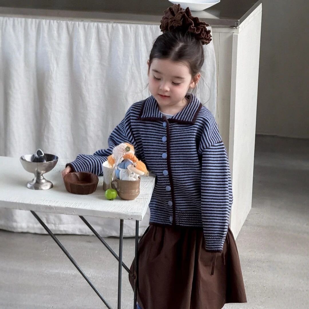 女童套装2025秋季新款韩版毛衣条纹针织开衫外套打底裤洋气时髦潮