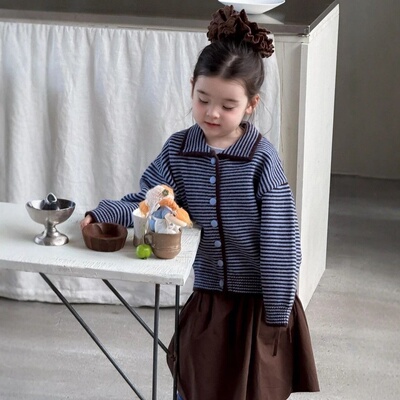 女童套装2025秋季新款韩版毛衣条纹针织开衫外套打底裤洋气时髦潮