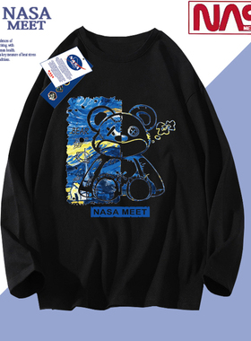 NASA MEET联名款潮牌纯棉长袖t恤男女同款印花宽松圆领秋衣打底衫