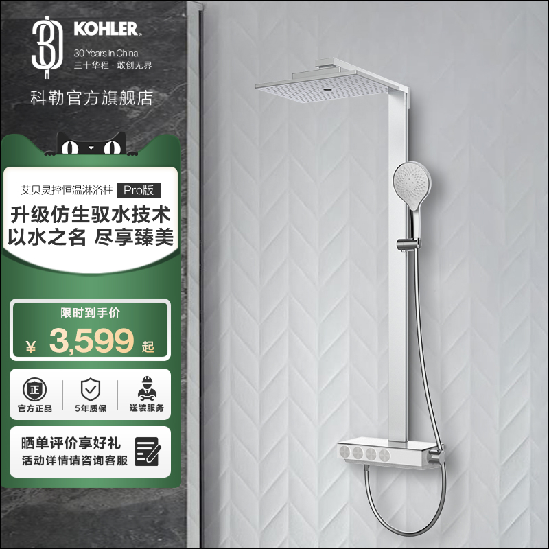 科勒恒温花洒大顶喷带置物方头顶