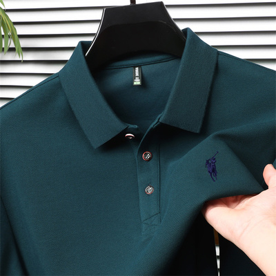 男士POLO衫长袖T恤中年爸爸春秋装战马刺绣Polo翻领有带领上衣体