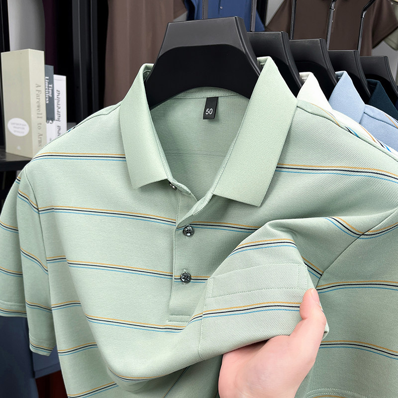 桑蚕丝~真口袋男士夏季新款短袖T恤中年爸爸装冰丝polo衫亚麻上衣