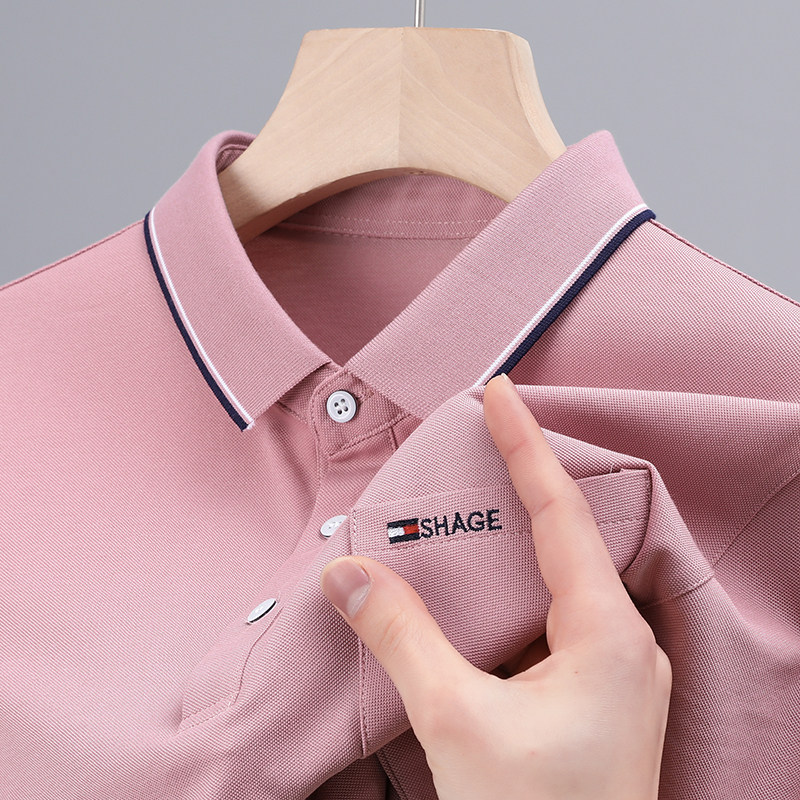 真口袋~男士夏季POLO衫粉色短袖t恤中年爸爸装翻有带领显年轻上衣