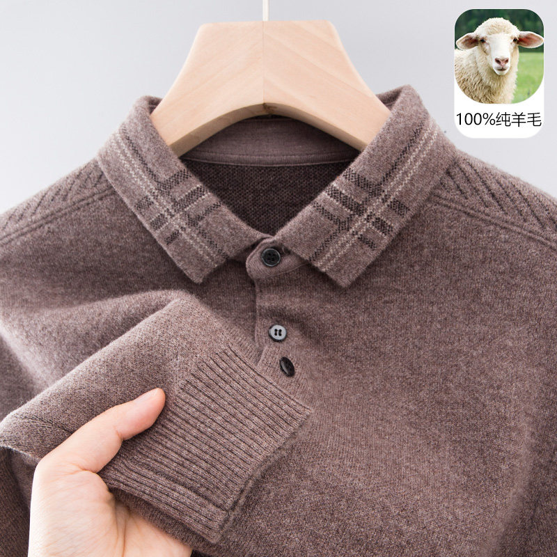 男士羊毛衫100纯羊毛翻领冬季新款中年爸爸针织衫打底毛衣上衣服