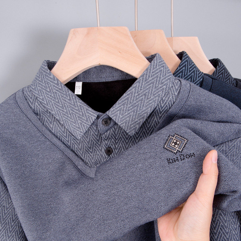 男士假两件长袖T恤秋冬季爸爸装保暖内衣单件加绒加厚上衣打底衫