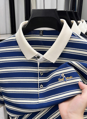 中年男士2025夏季新款POLO衫冰丝短袖t恤爸爸装plol翻领条纹上衣