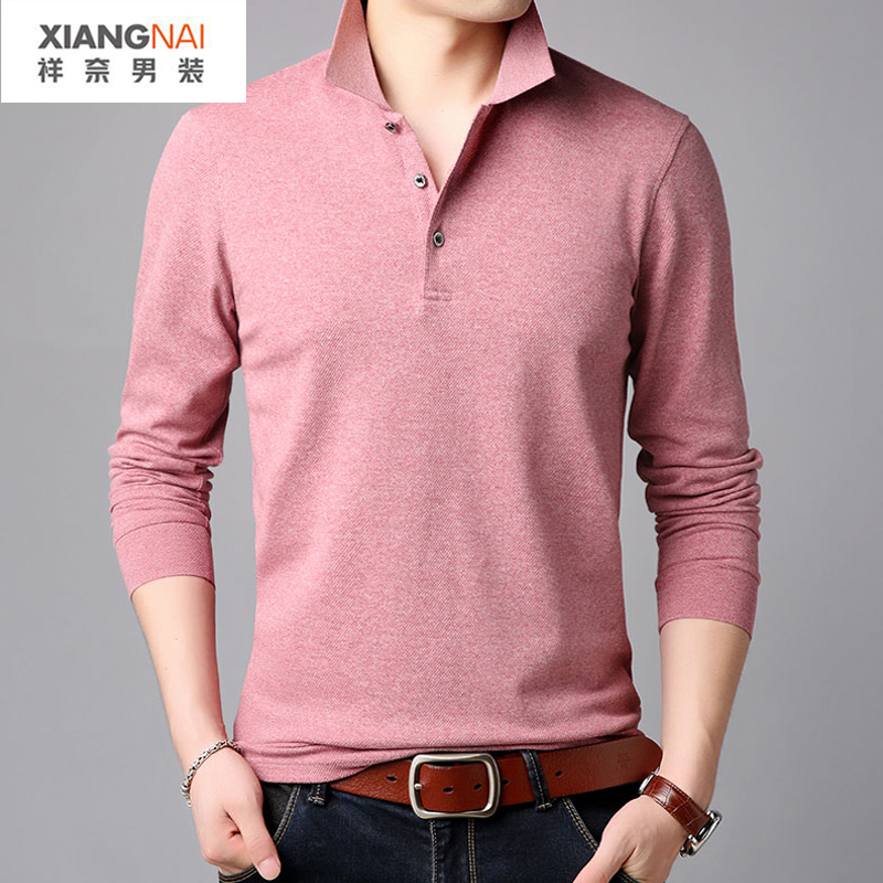 男士长袖t恤polo衫中年爸爸春款立领小衫粉色显年轻40岁丅50体恤