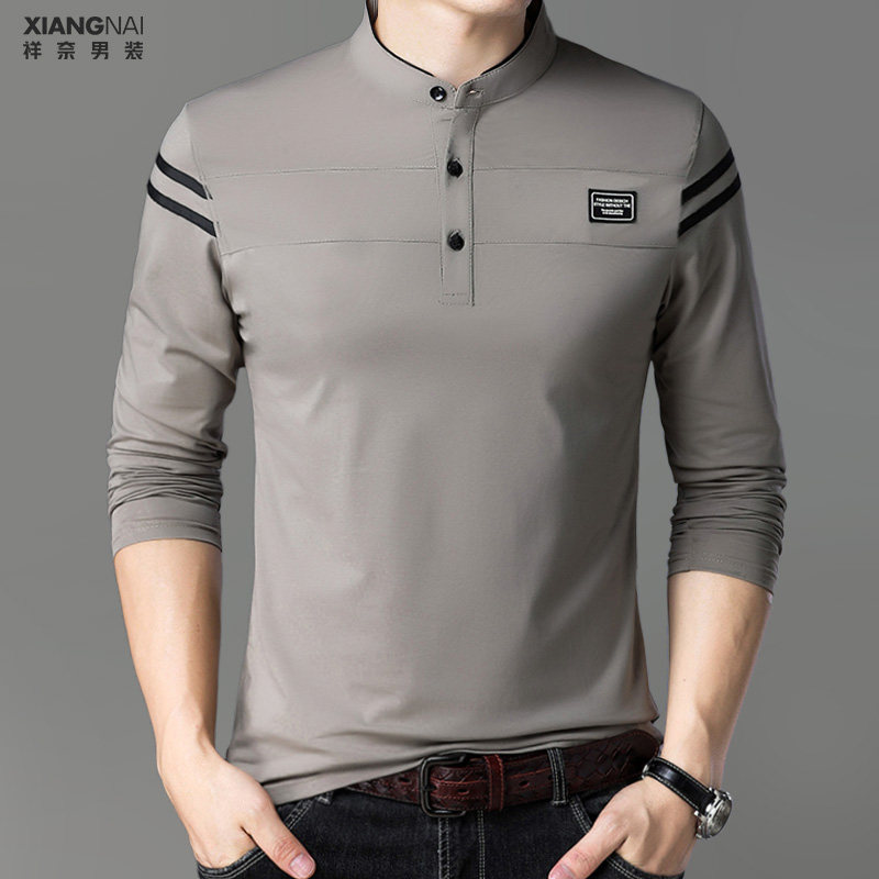 中年男士立领长袖T恤春秋季爸爸装中山领上衣2023新款