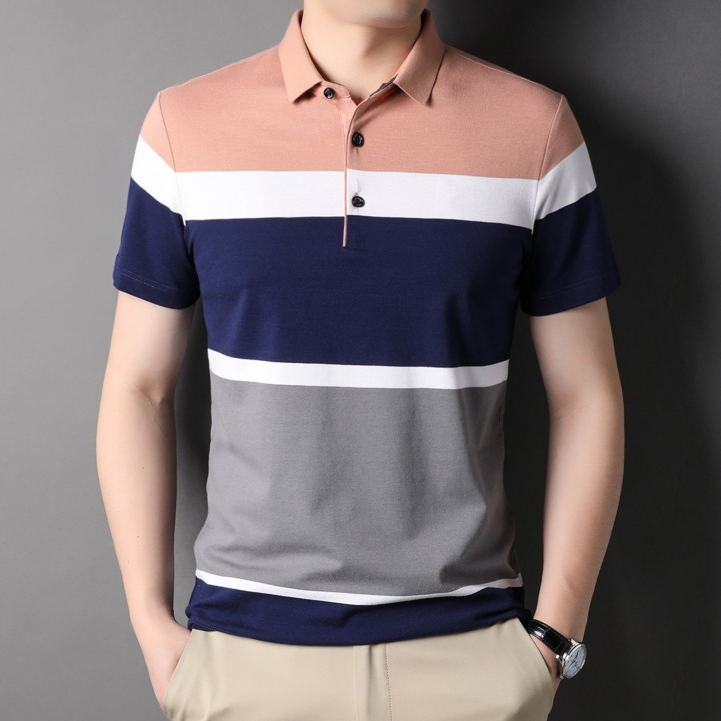 中年男士短袖t恤冰丝纯棉爸爸夏装上衣服polo衫条纹新款体恤