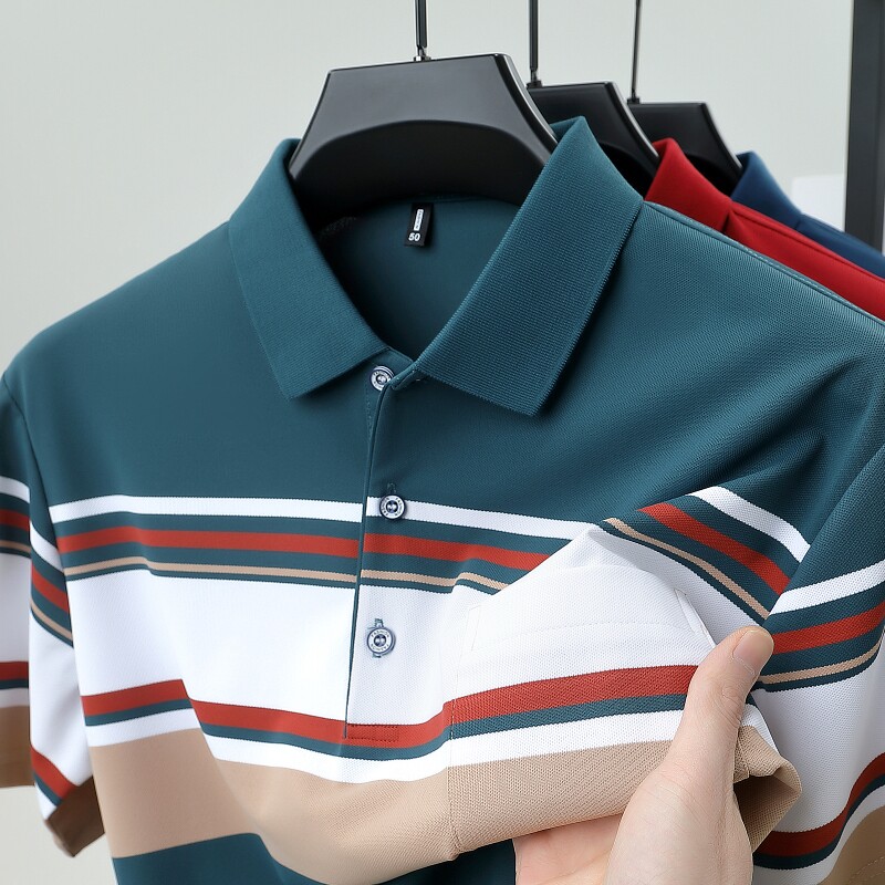 【真口袋】中年男士POLO衫短袖t恤翻有带领爸爸夏装冰丝条纹上衣
