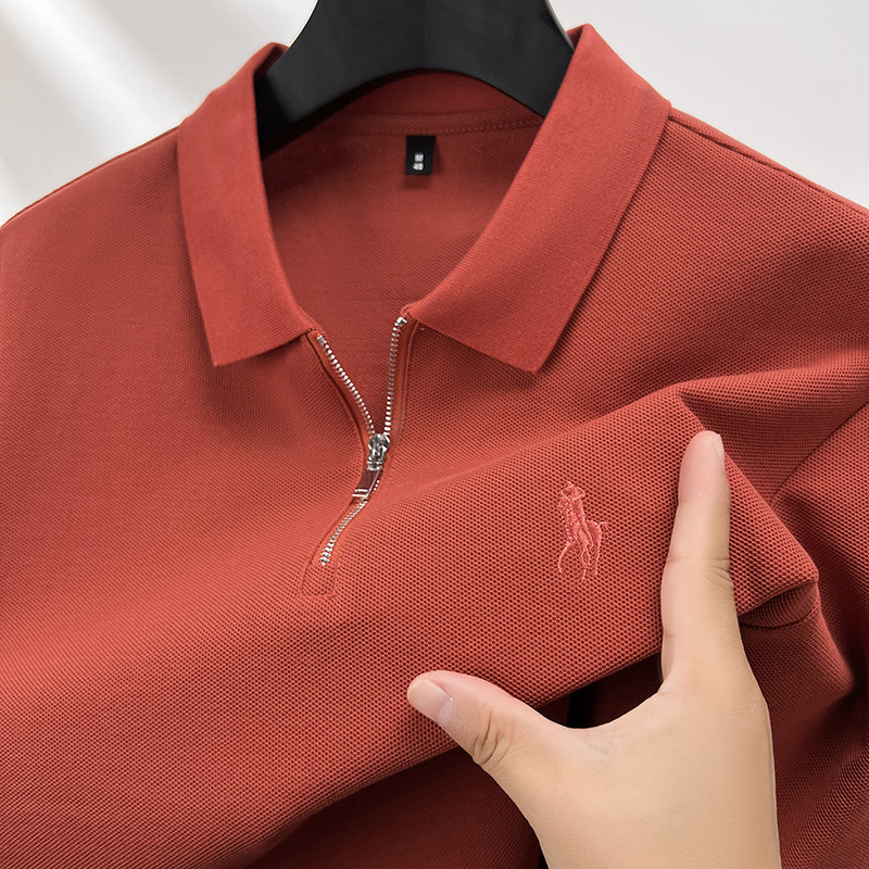 100%丝光棉~男士春秋季长袖POLO衫爸爸装翻领半拉链红色本命年T恤