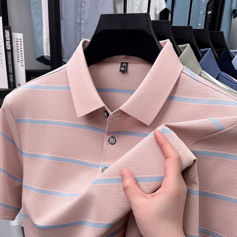 男士冰丝红色条纹短袖T恤中年爸爸夏装翻领凉感显年轻polo衫上衣