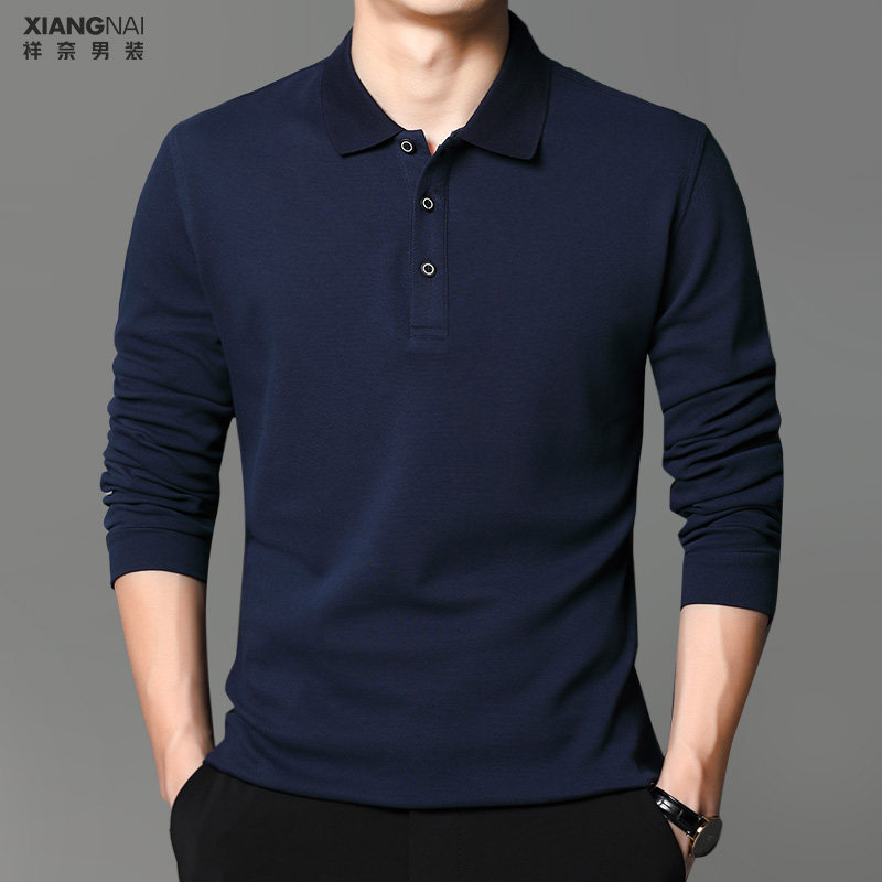 中年男士长袖t恤纯棉polo衫春秋体桖季爸爸装新款有带领土50岁