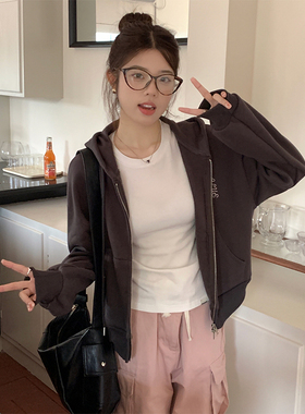 秋冬季慵懒风连帽卫衣女短款宽松拉链开衫长袖百搭碳灰色上衣外套