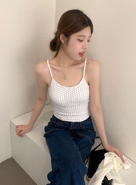 美式甜辣碎花带胸垫内搭白色小吊带夏季修身显瘦性感纯欲波点上衣