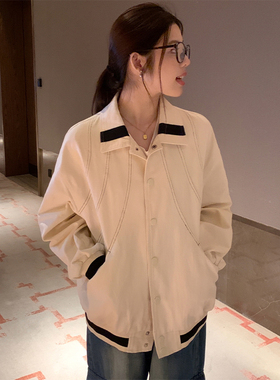 韩版时髦中性风复古翻领拼接撞色棒球服外套女百搭韩版时髦中性风
