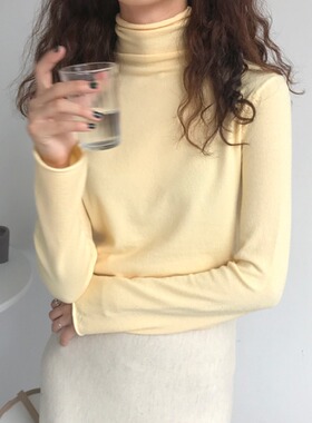 鹅黄色毛衣女高领修身弹性亮黄色奶油黄上衣兔绒针织衫内搭打底衫