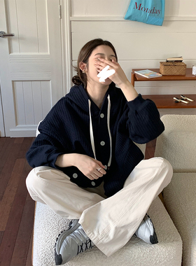 韩版华夫格慵懒风连帽潮流时尚卫衣秋冬新款宽松藏蓝色休闲外套女