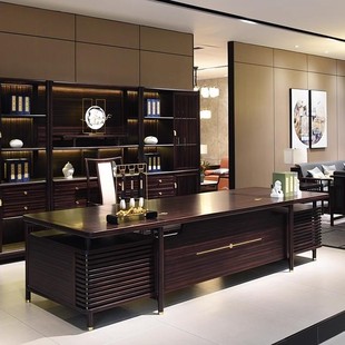 新中式实木办公桌老板桌轻奢现代高级感乌金木总裁桌董事长大班台