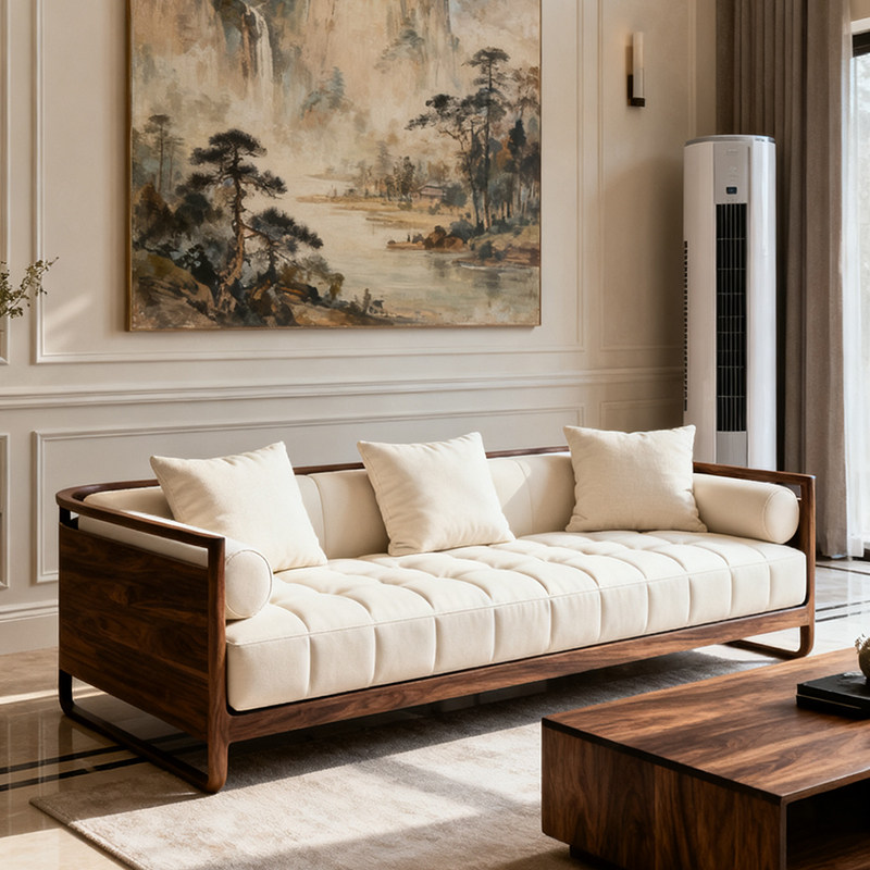 新中式北美黑胡桃木直排沙发