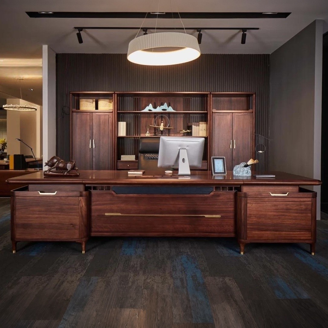 新中式实木老板桌现代大班台高端董事长总裁室办公桌北美黑胡桃木