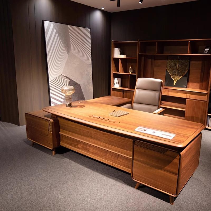 新中式实木办公桌高档老板桌北美黑胡桃木总裁大班台办公家具定制