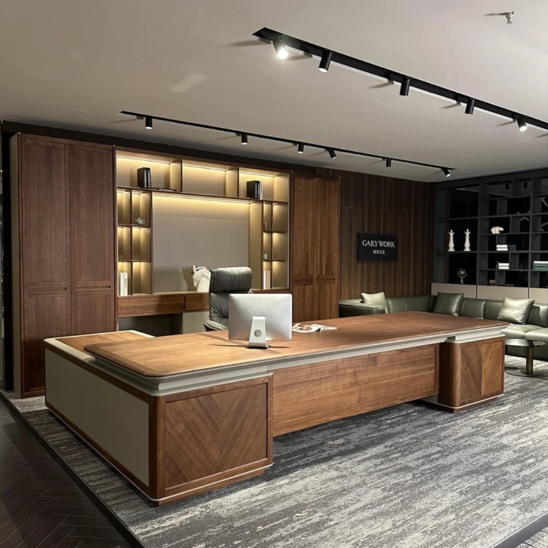 新中式北美黑胡桃大班台高端时尚现代实木老板办公桌董事长办公室