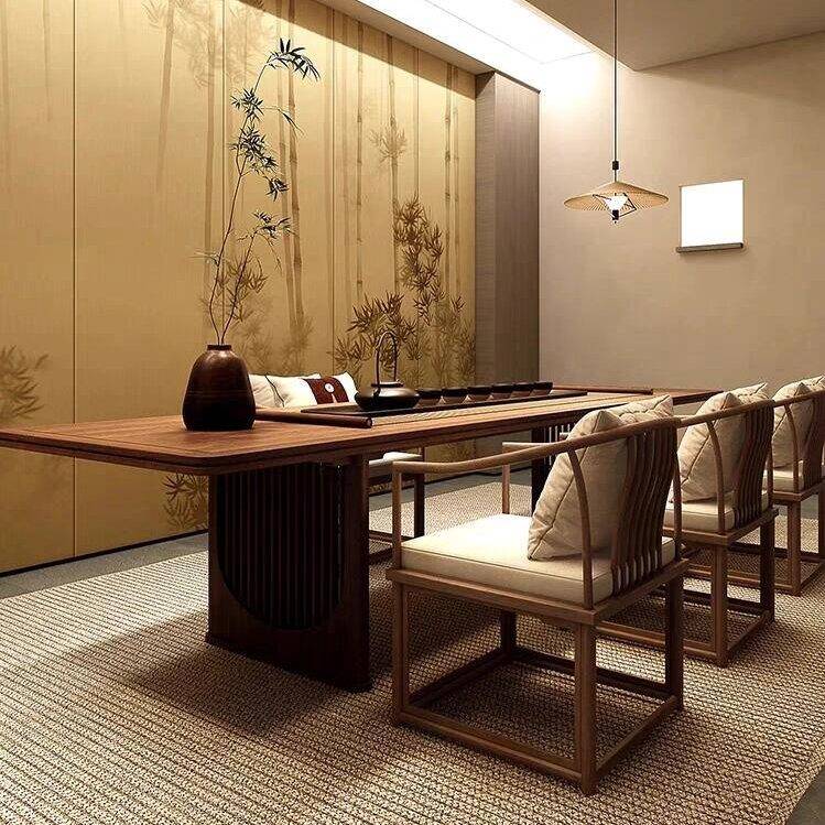 新中式北美黑胡桃木茶桌禅意高端大板茶台别墅家用酒店办公室定制