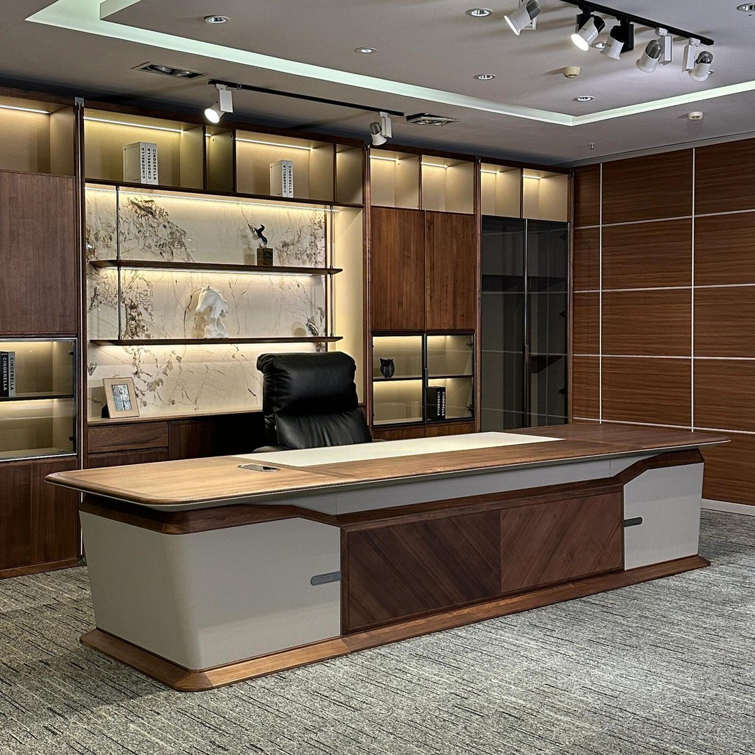 新中式北美黑胡桃木办公桌高级感老板桌椅组合现代简约轻奢大班台