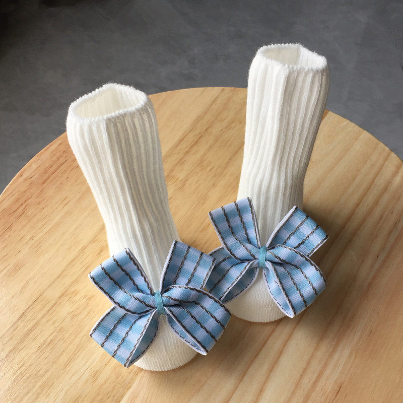 原创蓝格蝴蝶结婴儿袜满月百天纯棉宝宝袜子新生儿女童中筒造型袜