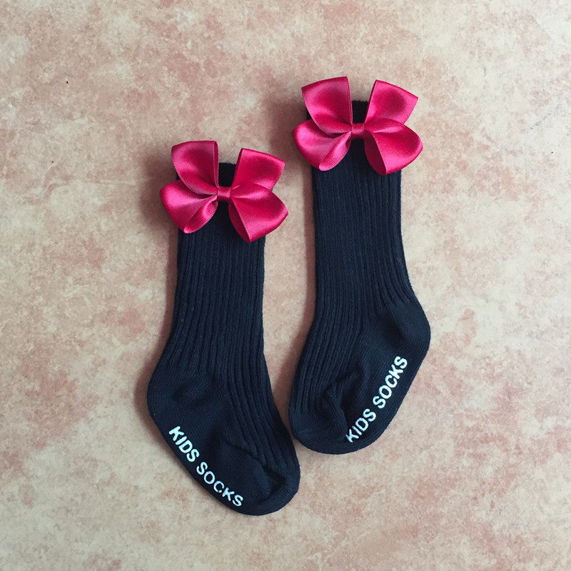 原创婴儿袜子春秋纯棉女童蝴蝶结公主袜宝宝松口中筒袜百天造型袜