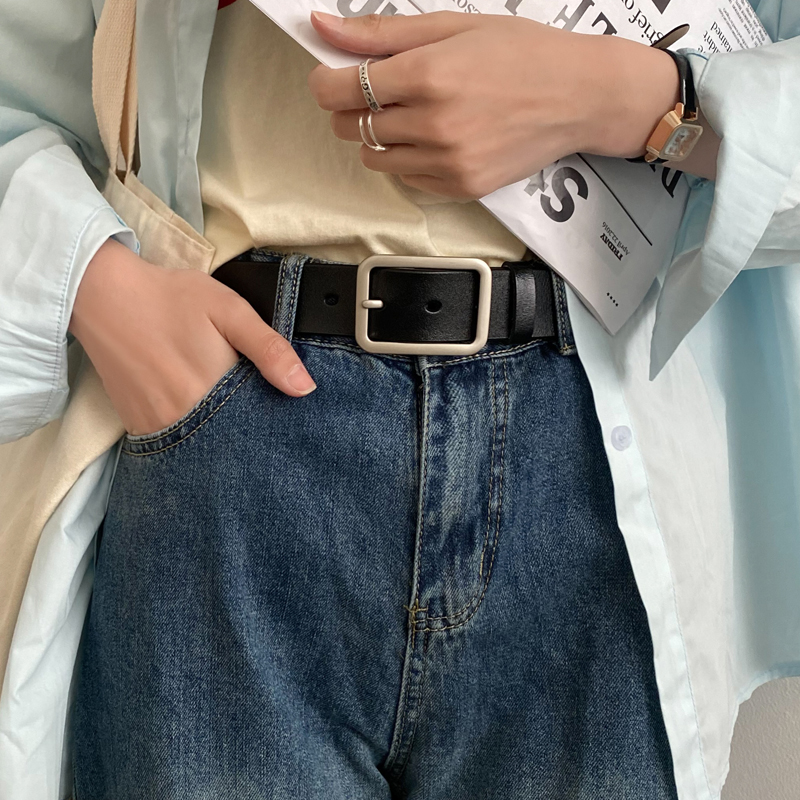 简约黑色皮带女士学生装ins风搭配牛仔裤男方形针扣裤带夏季腰带