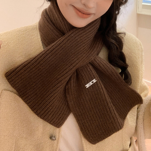 美拉德含羊毛交叉毛线小围巾女冬季2025新款百搭针织护颈韩系围脖