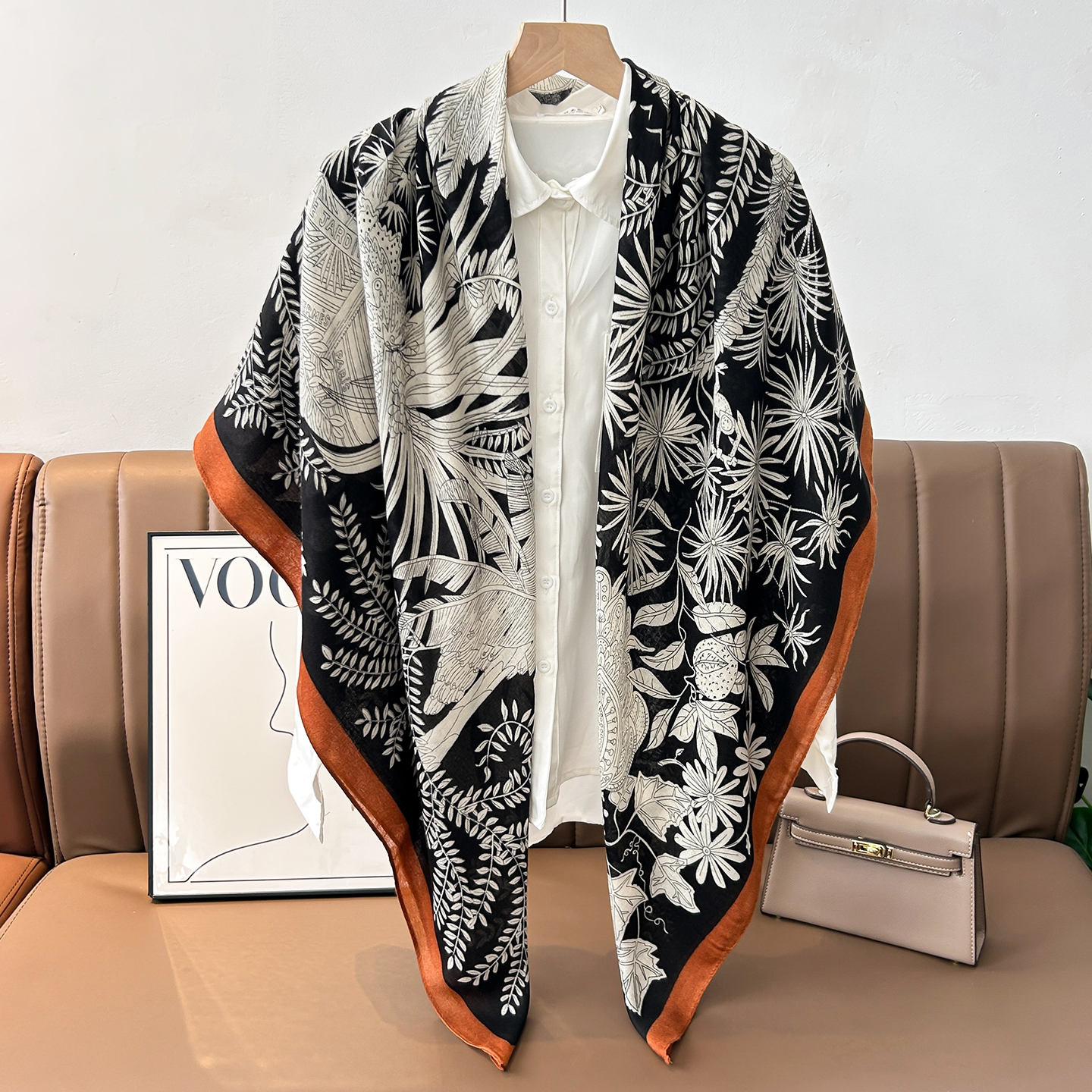 黑白色丛林130大方巾女春秋夏季旅游防晒棉麻围巾空调房披肩两用