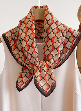 法式橙色70CM系脖丝巾小方巾女春秋夏季薄围巾领巾系脖头巾搭衬衫