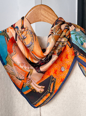 轻奢仿真丝橙色小马骏马系脖围巾丝巾女春秋70cm方巾双面异色披肩
