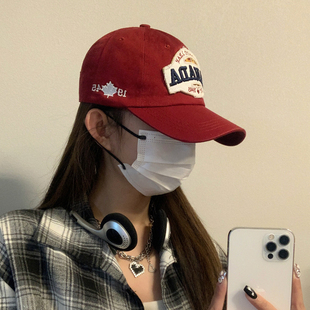 美式 复古酒红色棒球帽男Canada刺绣贴布遮阳防晒大头围鸭舌帽子女