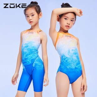 zoke洲克儿童泳衣女孩连体三角专业训练青少年连体五分比赛游泳衣