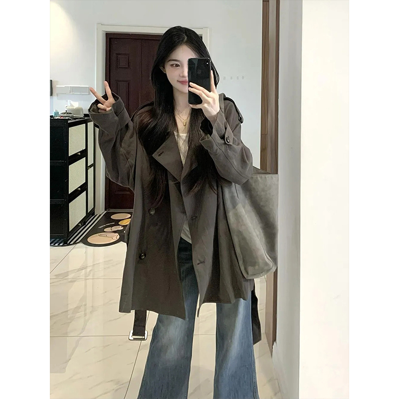韩系简约时尚系带风衣女早秋季新款英伦风复古宽松显瘦中长款外套