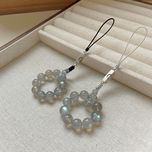 小可爱手机小挂件纯银珠子手捻指环扣挂绳精致挂饰天然灰月光石