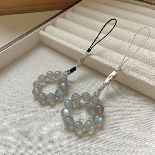 小可爱手机小挂件纯银珠子手捻指环扣挂绳精致挂饰天然灰月光石