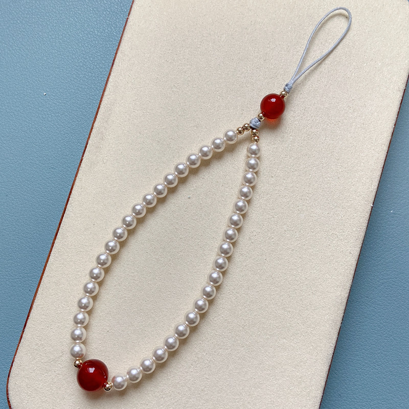 简约防摔手机链人造珍珠红玛瑙草莓晶挂件挂绳防丢女款手腕链礼物