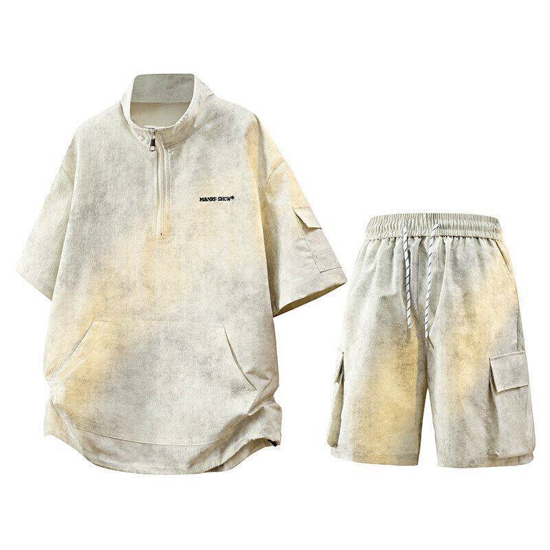半拉链扎染休闲套装男女夏季