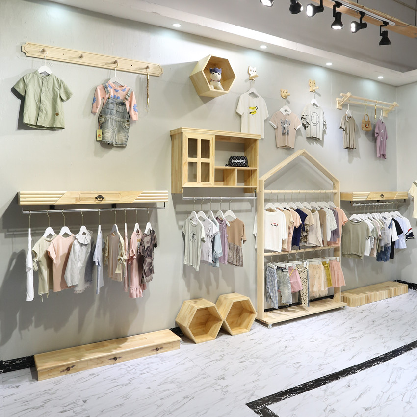 童装店货架服装店实木展示架上墙正侧挂壁挂架落地式中岛架挂衣杆