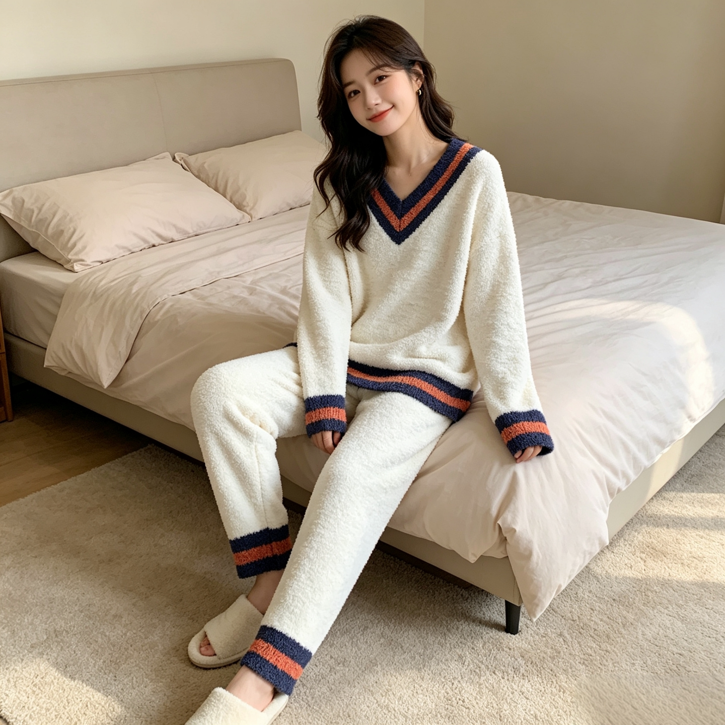 素舒尔学院风V领撞色半边绒睡衣女秋冬法兰绒软糯保暖家居服套装